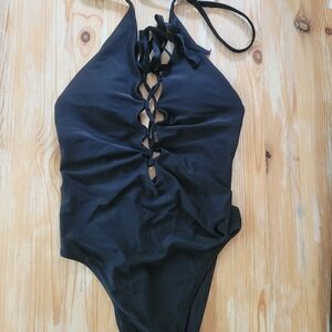 Aerie black front lace up one piece swimsuit size S